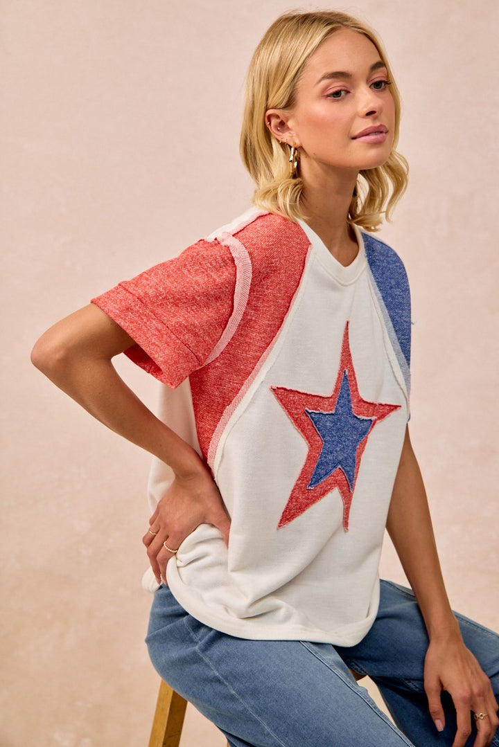 Bibi Contrast French Terry Cut Edge Detail Fourth Of July Theme T Shirt