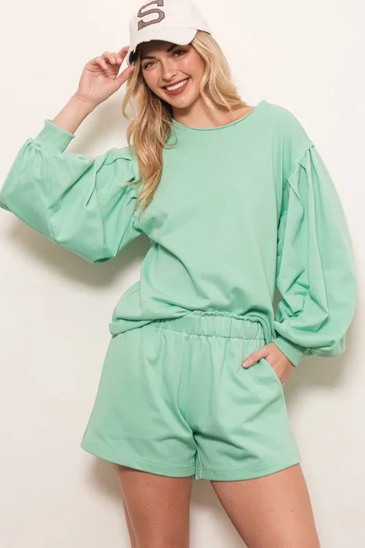 Sea Green Lime N Chili French Terry Sweatshirt And Shorts Set