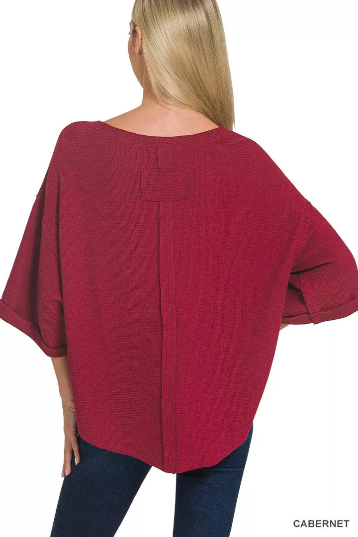 Cabernet Zenana Double Knit Exposed Seam Curved Hem Top