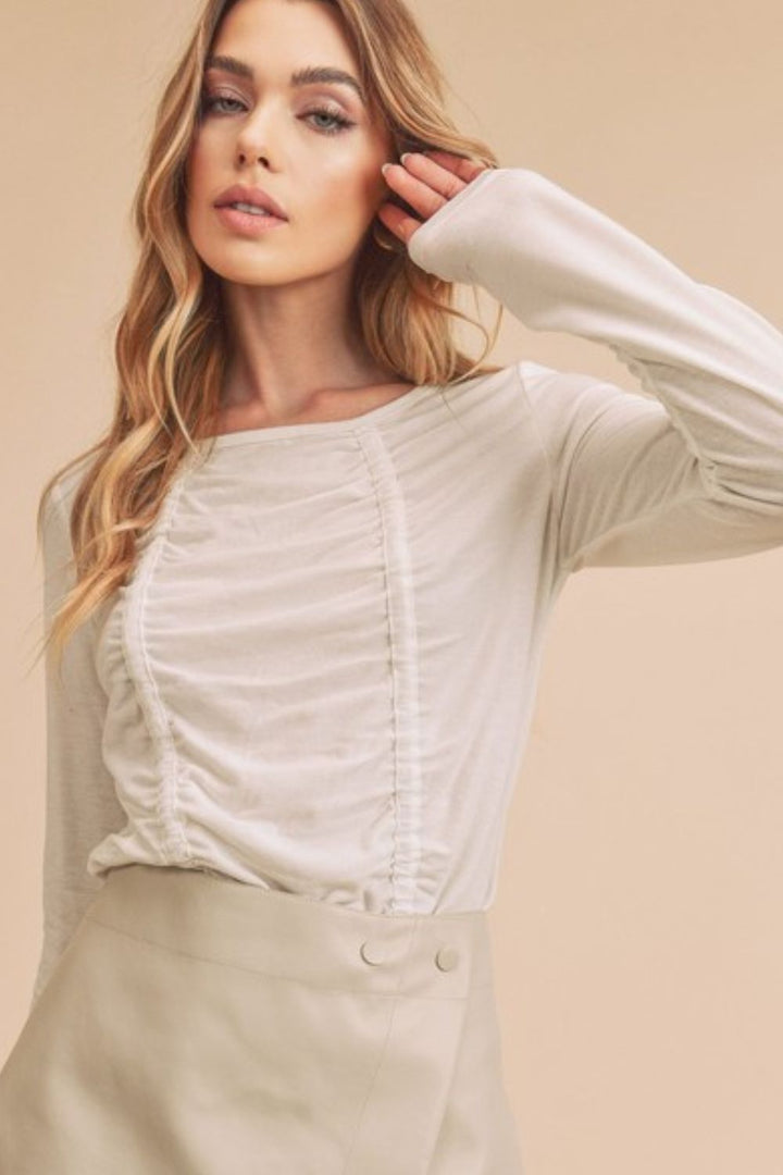 White Aemi Co Ruched Front Round Neck Long Sleeve T Shirt