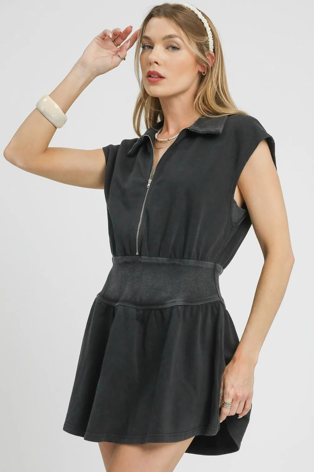 Black Umgee Zip Front Cap Sleeve Mini Dress