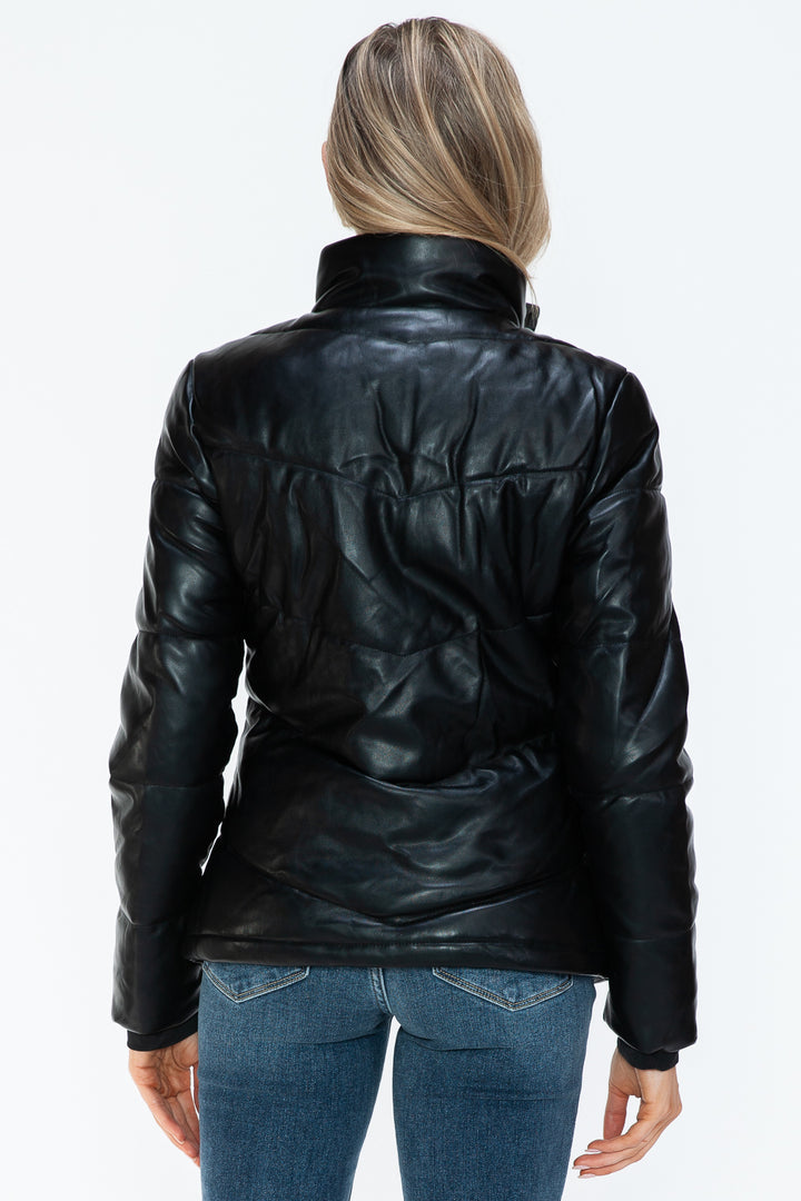 Black Snobbish Pocketed Zip Up Turtleneck Puffer Jacket 2
