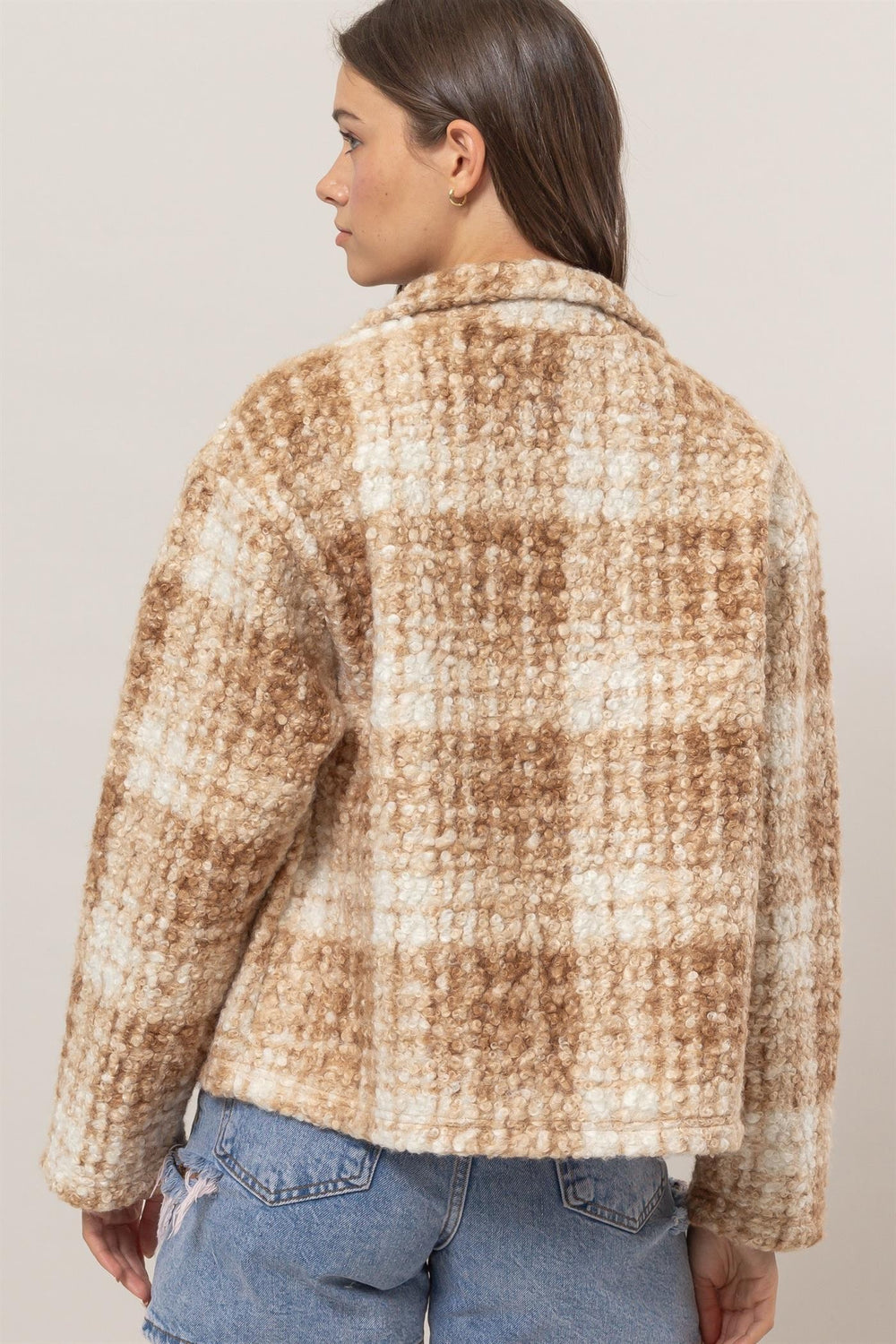 Taupe Hyfve Plaid Collared Neck Boucle Jacket With Pockets