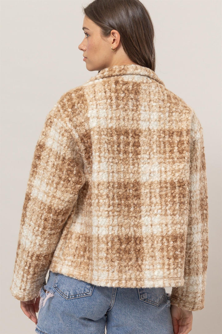 Taupe Hyfve Plaid Collared Neck Boucle Jacket With Pockets