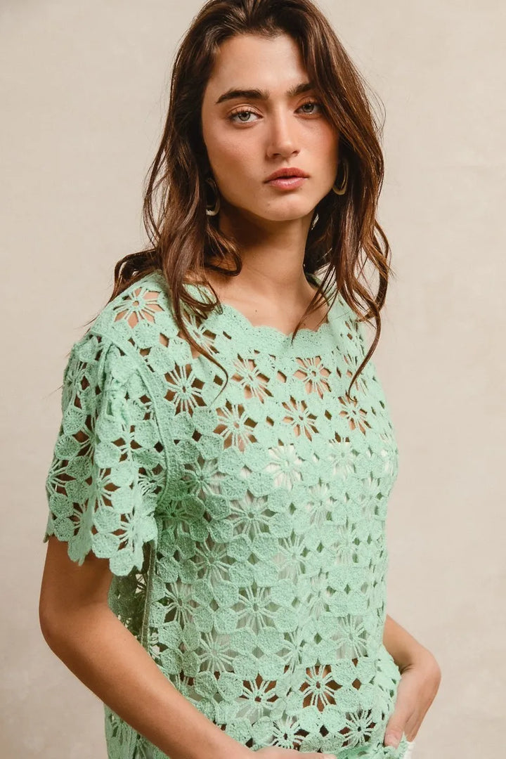 Bibi Openwork Crochet Short Sleeve Knit Top