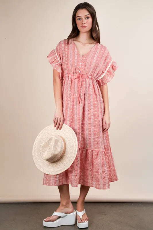 Peach Very J Embroidered Boho Ruffled Midi Dress