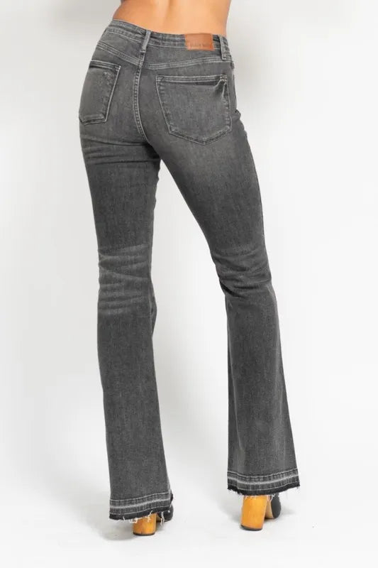 Gry Judy Blue Full Size Mid Rise Tummy Control Washed Gray Release Hem Flare Jeans Plus Size