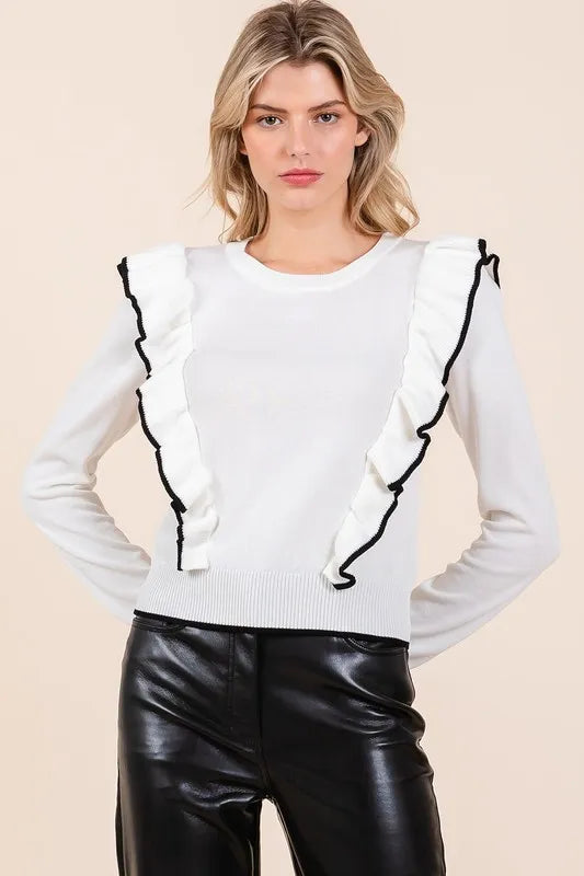 Ivory Mittoshop Contrast Trim Ruffled Round Neck Knit Top