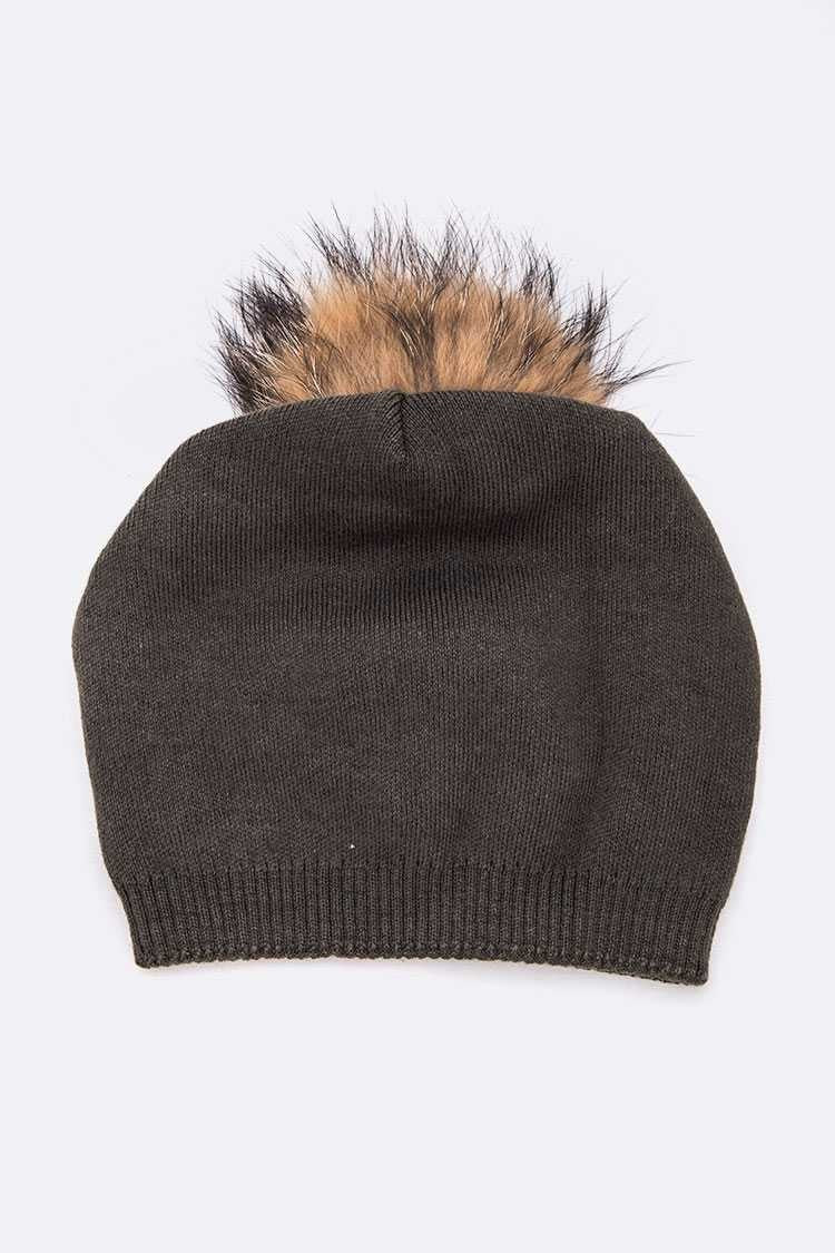 Raccoon Fur Pompom Pre Sewed Slouchy Beanie