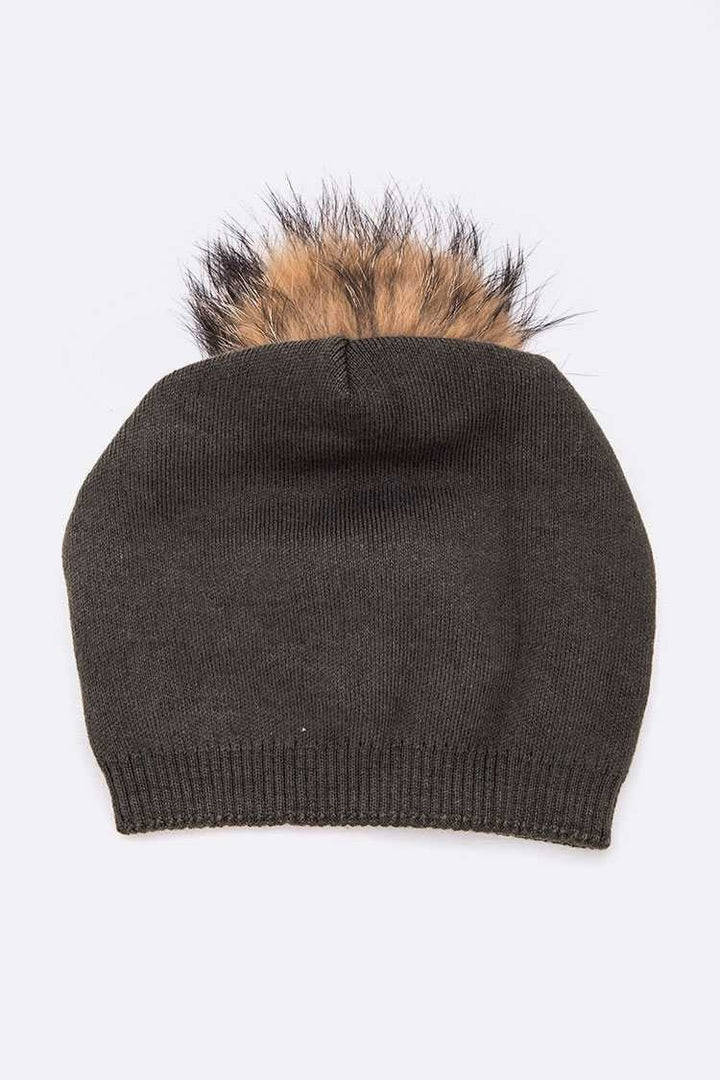 Raccoon Fur Pompom Pre Sewed Slouchy Beanie
