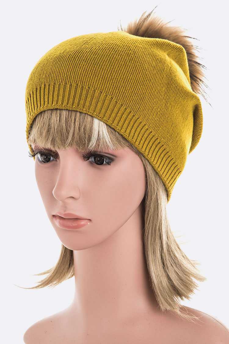 Olive Raccoon Fur Pompom Pre Sewed Slouchy Beanie