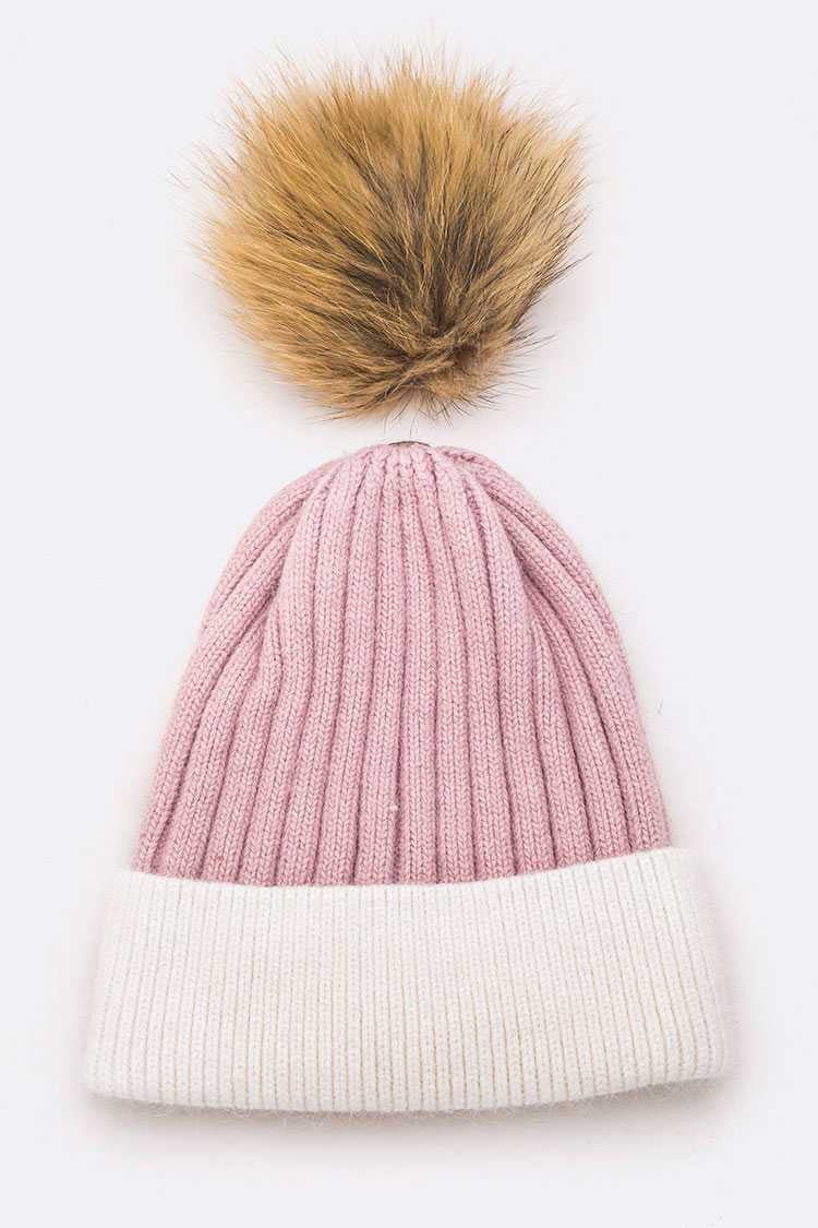 Raccoon Fur Pompom 2 Tone Beanie