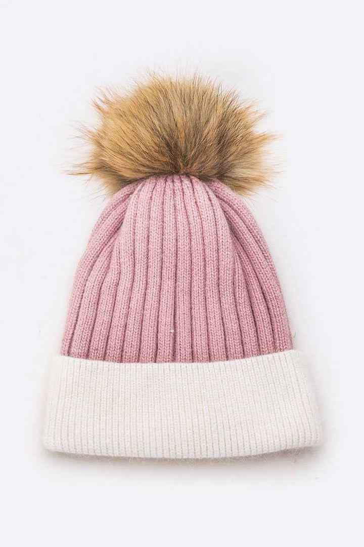 Grey Raccoon Fur Pompom 2 Tone Beanie