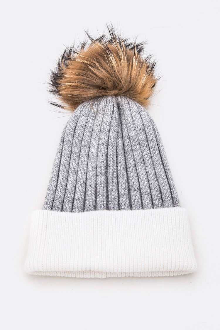 Raccoon Fur Pompom 2 Tone Beanie