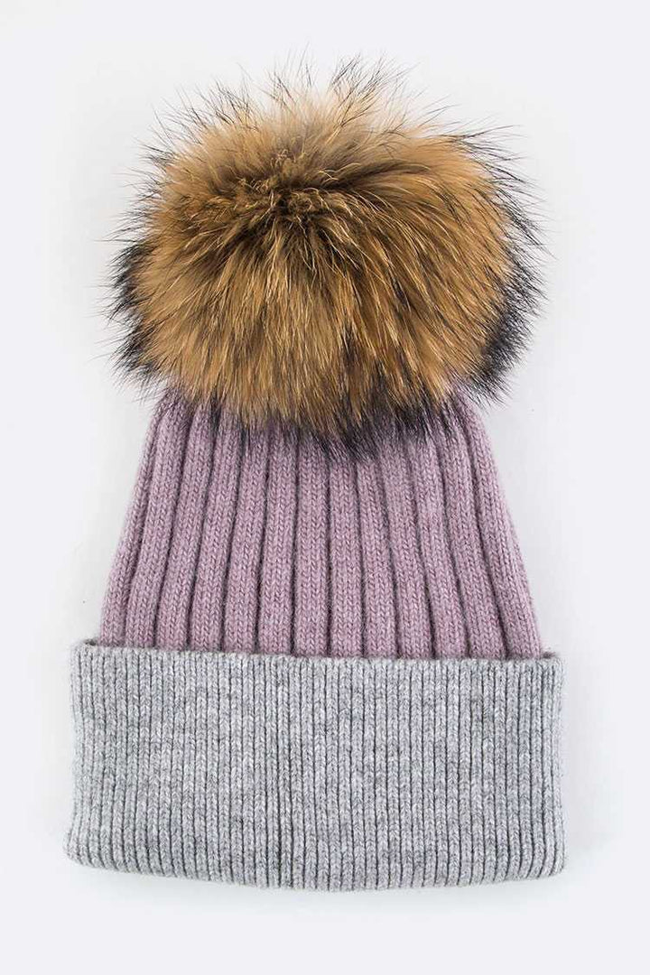 Raccoon Fur Pompom 2 Tone Beanie