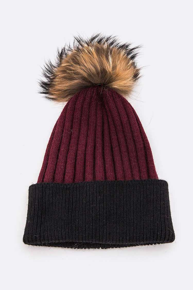 Burgundy Raccoon Fur Pompom 2 Tone Beanie
