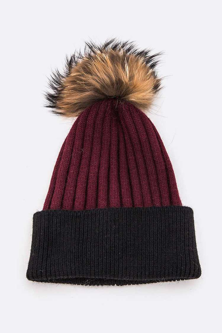 Burgundy Raccoon Fur Pompom 2 Tone Beanie