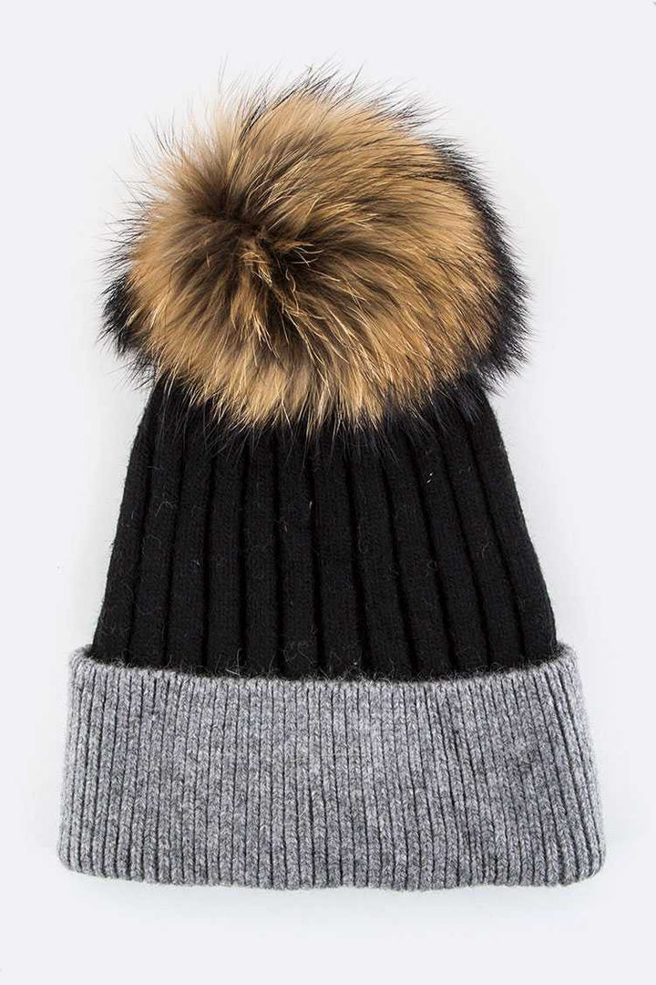 Raccoon Fur Pompom 2 Tone Beanie