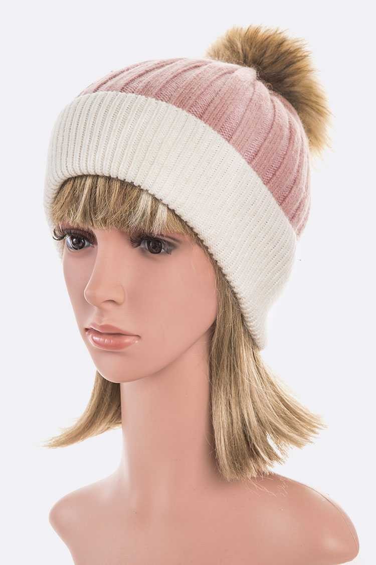 Raccoon Fur Pompom 2 Tone Beanie