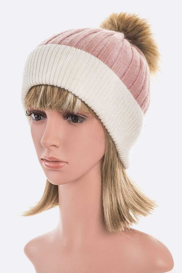 Raccoon Fur Pompom 2 Tone Beanie