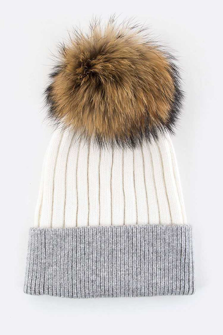 Pink Raccoon Fur Pompom 2 Tone Beanie