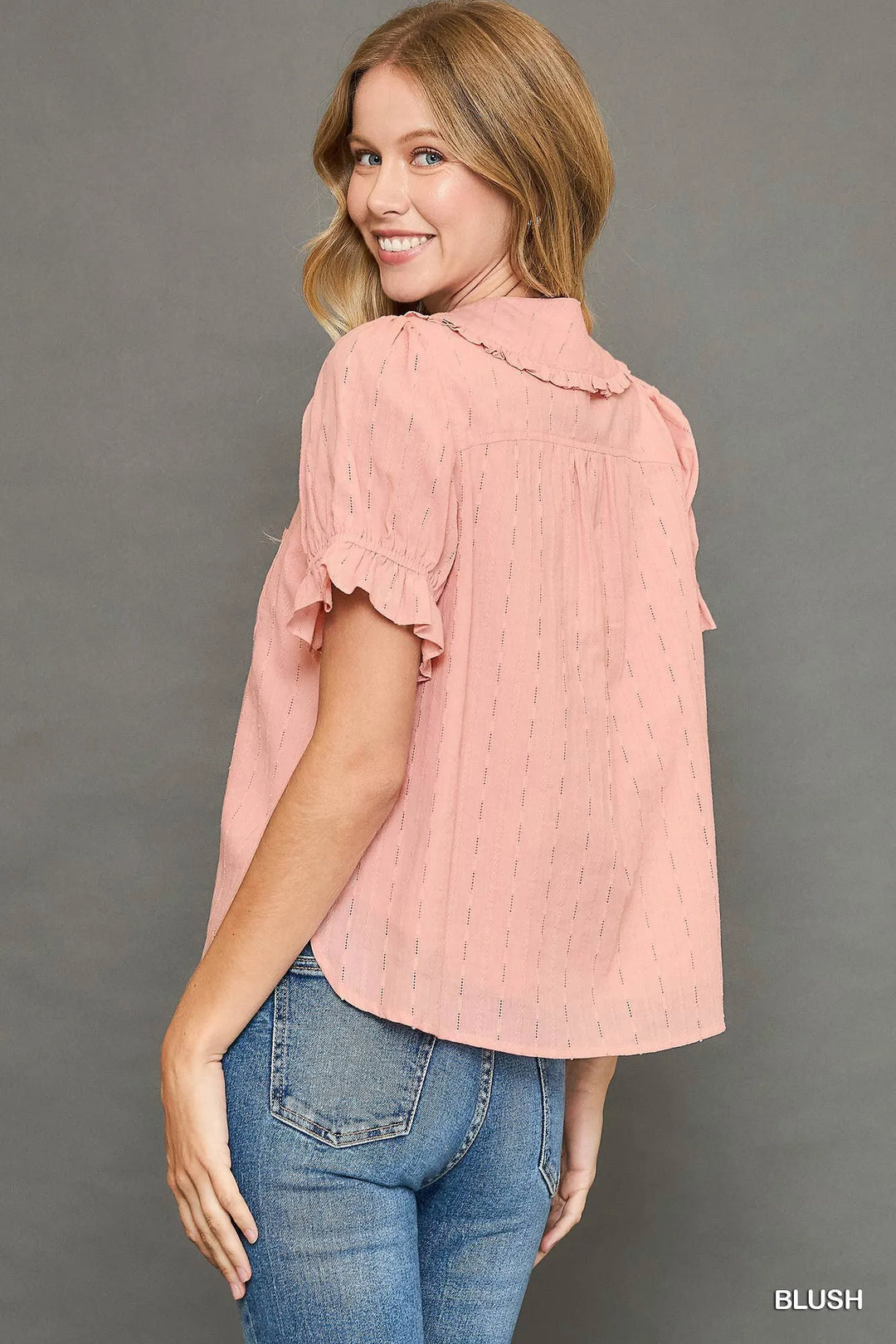 Blush Peter Pan Collared Button Down Textured Shirt With Ruffled Detail