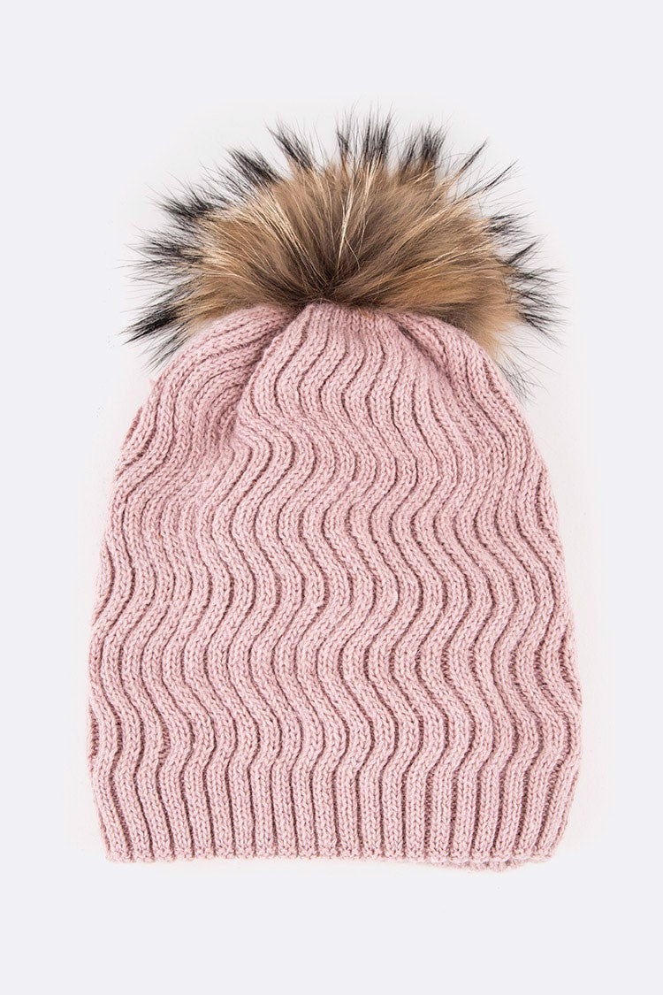 Pink Raccoon Fur Pompom Chevron Knit Beanie