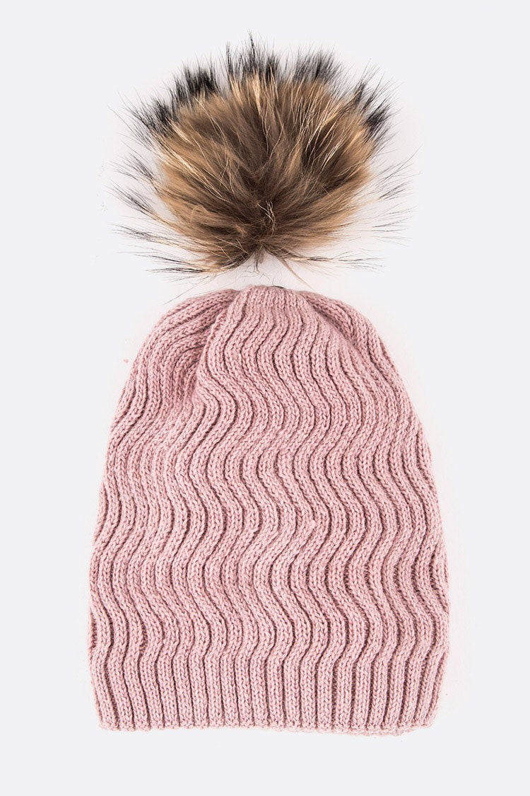 Raccoon Fur Pompom Chevron Knit Beanie