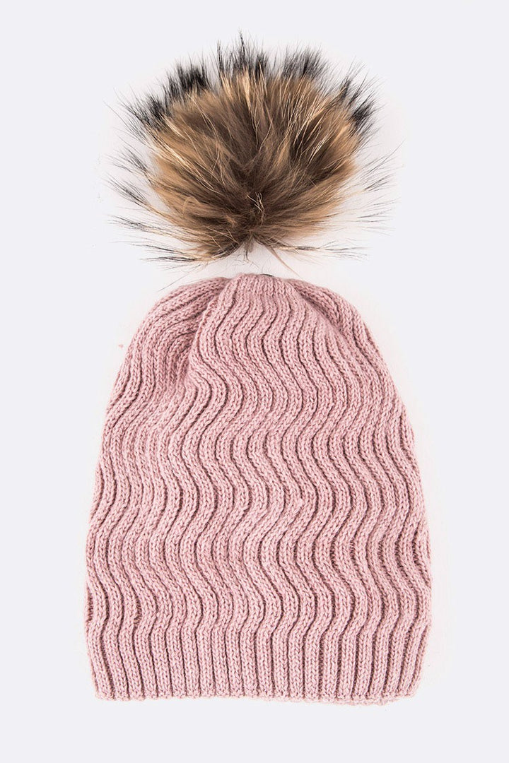 Raccoon Fur Pompom Chevron Knit Beanie