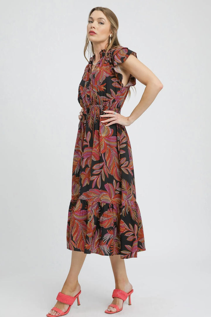 Black Mix Umgee Mix Ruffle Sleeve Tropical Midi Dress