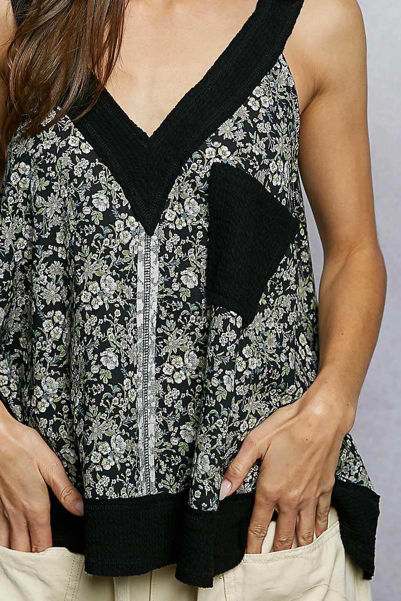 Pol Floral V Neck Tank With Front Pocket