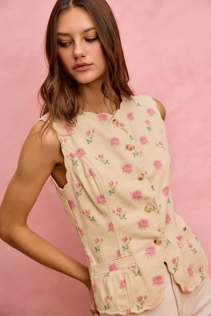 So Me Floral Rose Cotton Twill Scallop Button Vest Top