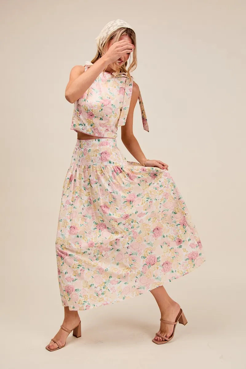 So Me Floral Printed Woven Shoulder Bow Tie Top And Skirt Set