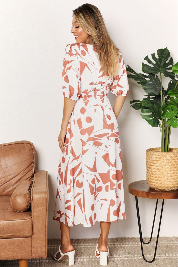 Camel Printed Surplice Balloon Sleeve Dress