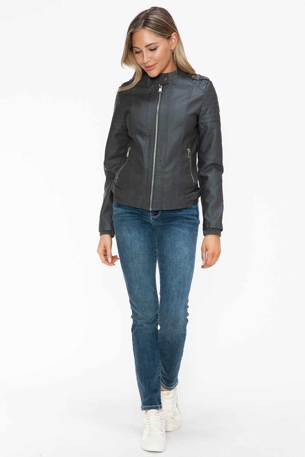 Snobbish Pu Leather Biker Jacket With Side Zip Pockets