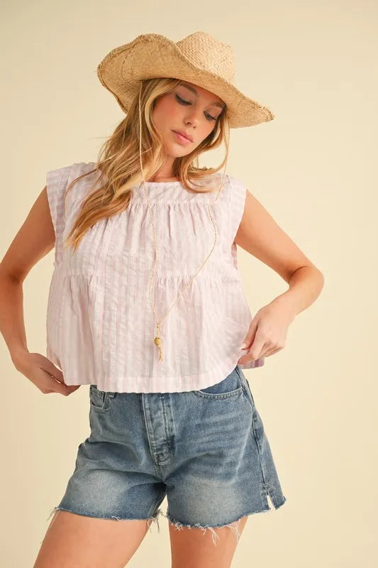 Pink Aemi Co Ruched Striped Round Neck Sleeveless Top 2