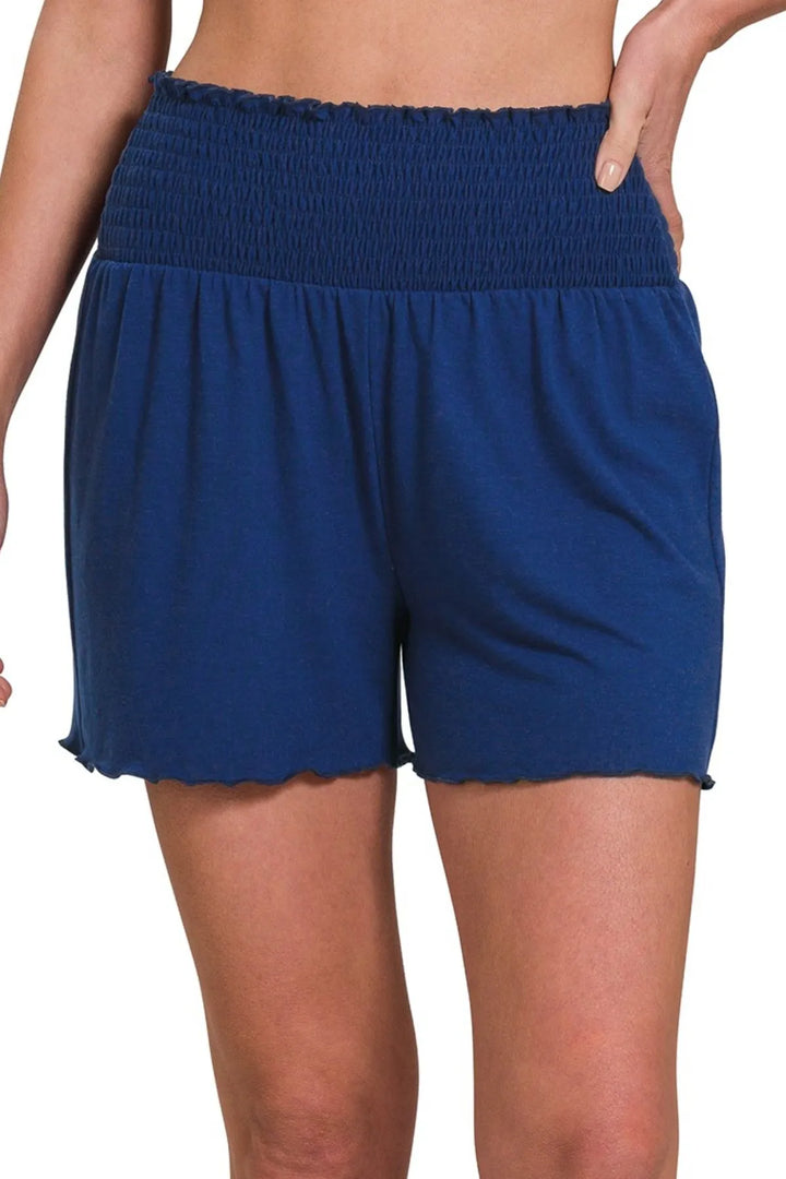Lt Navy Zenana Elastic Waist Smocked Shorts