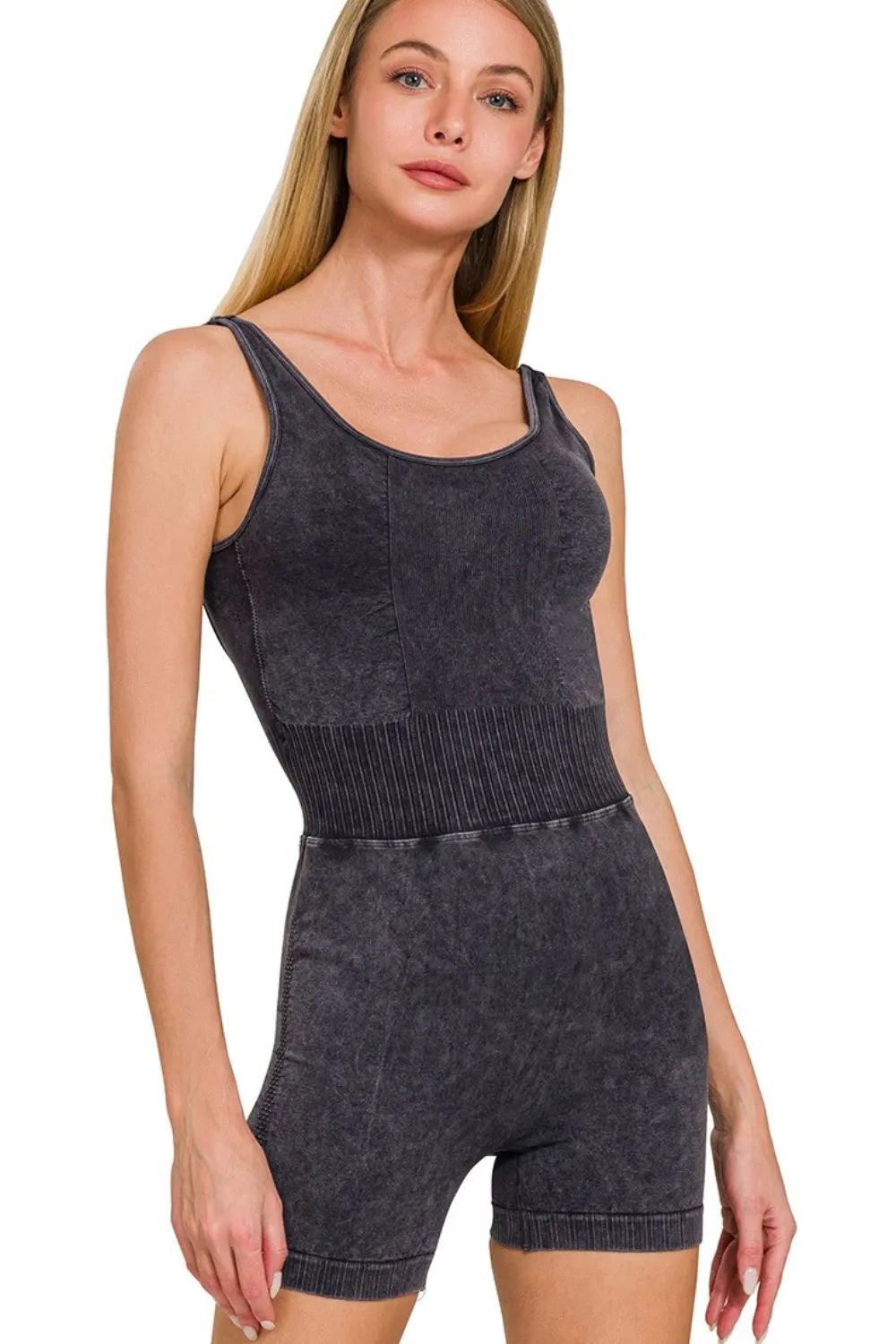 Black Zenana Washed Sports Romper With Removable Bra Pad