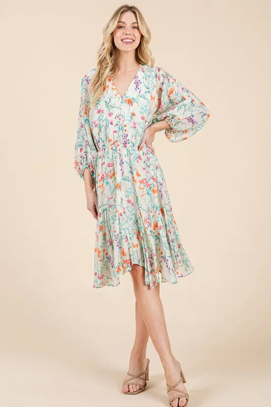 Lime N Chili Floral Cinched Waist Balloon Sleeve V Neck Dress