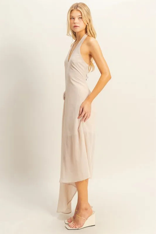 Champagne Hyfve Chiffon Halter Asymmetrical Hem Dress 1