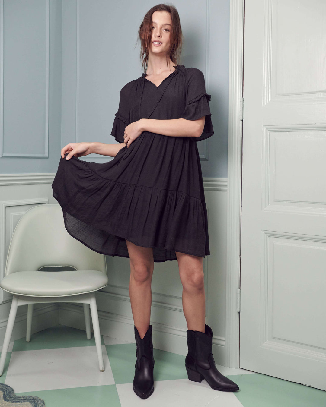 Ruffled Neck Tiered Mini Dress Jbj1054A
