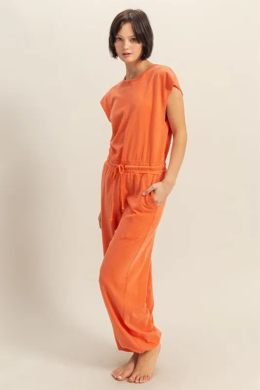 Orange Hyfve Back Keyhole Round Neck Cap Sleeve Drawstring Jumpsuit 1