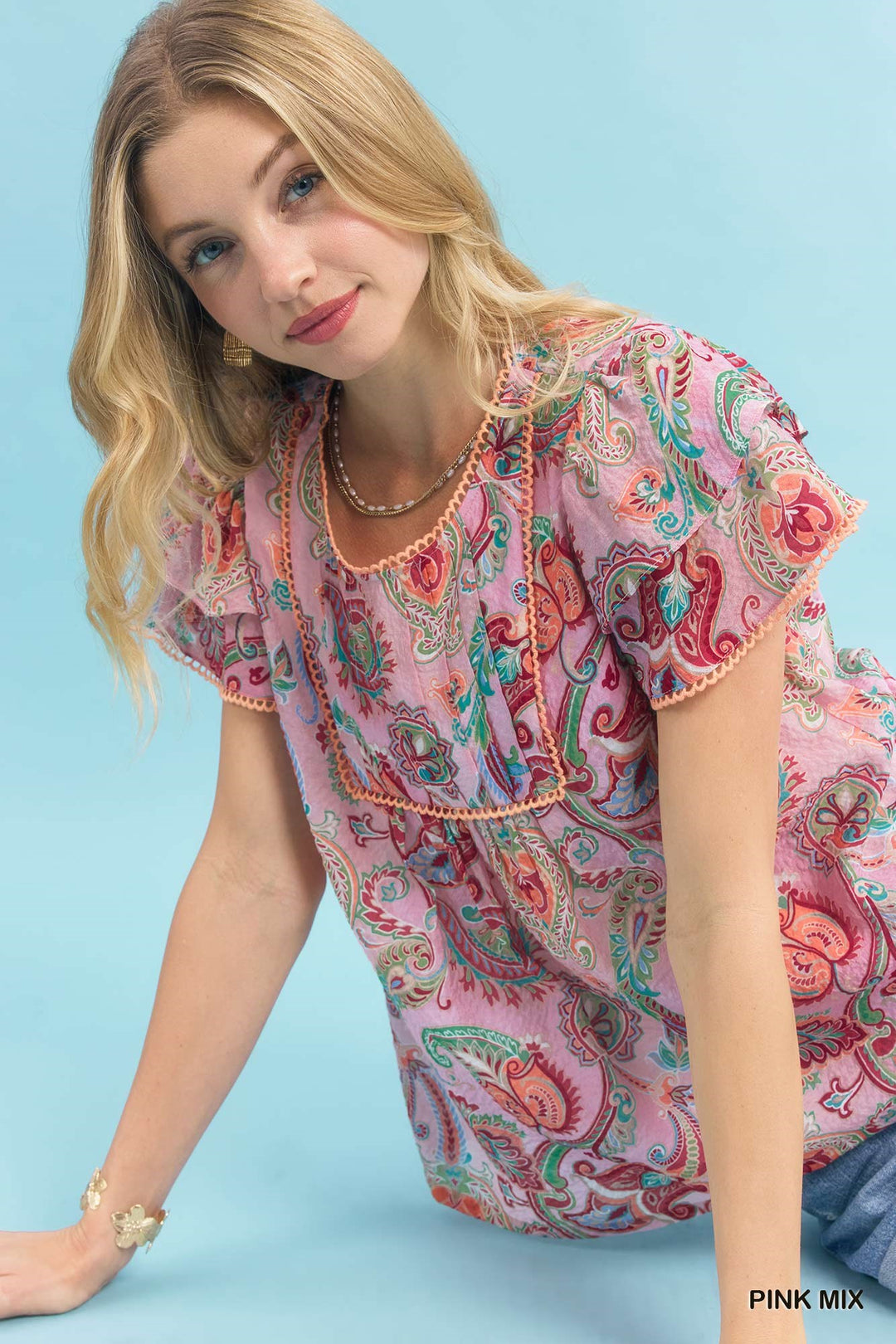 Umgee Mix Paisley Ruffle Sleeve Top 1