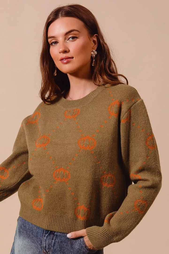 Olive/Rust So Me Pumpkin Rhombus Halloween Thanksgiving Sweater