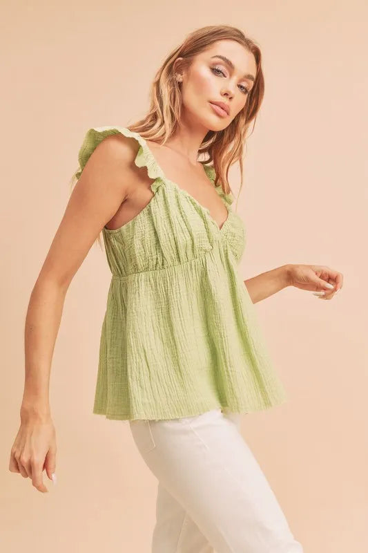 Yellow-Green Aemi Co Sweetheart Neck Ruffled Strap Top 1