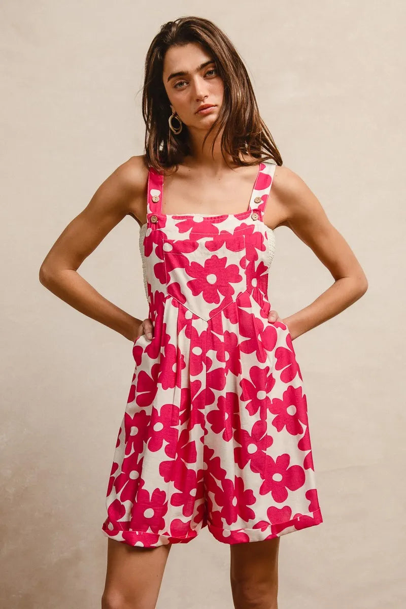 Fuchsia Bibi Floral Prints Tuck Detail Short Overall With Pockets