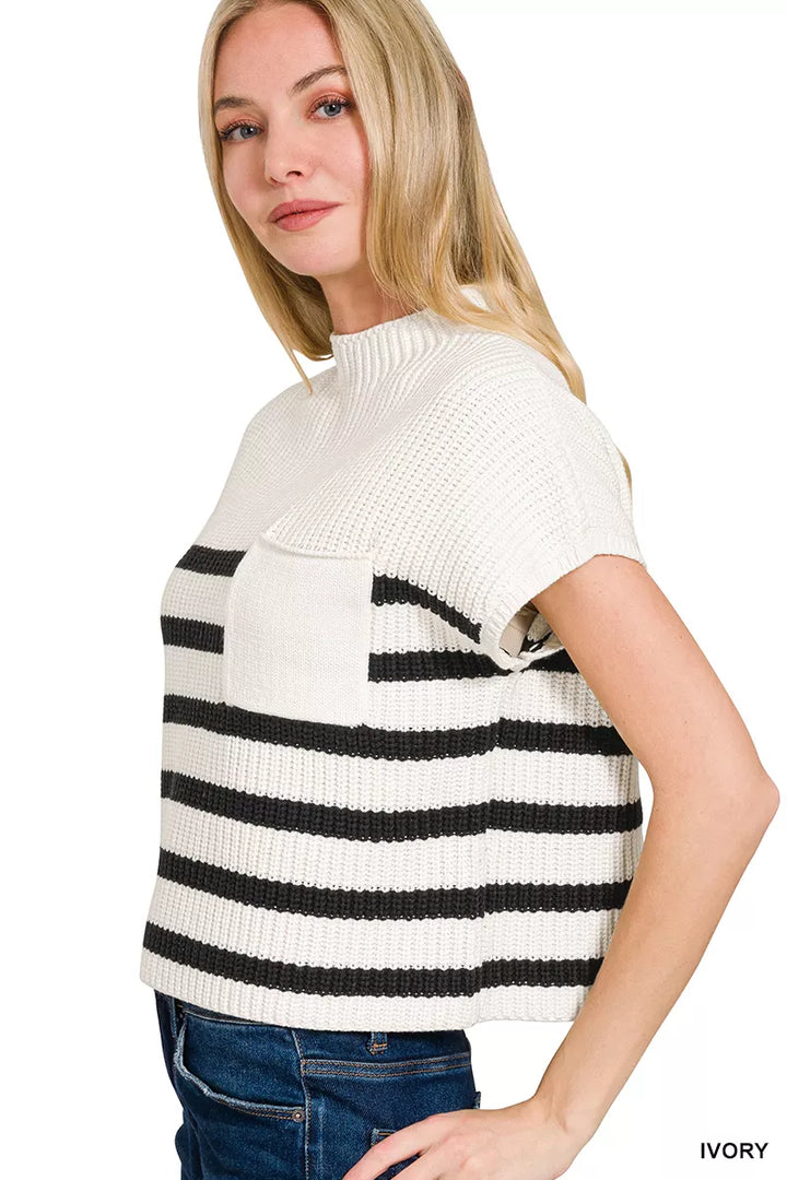 Ivory Zenana Short Sleeve Stripe Sweater