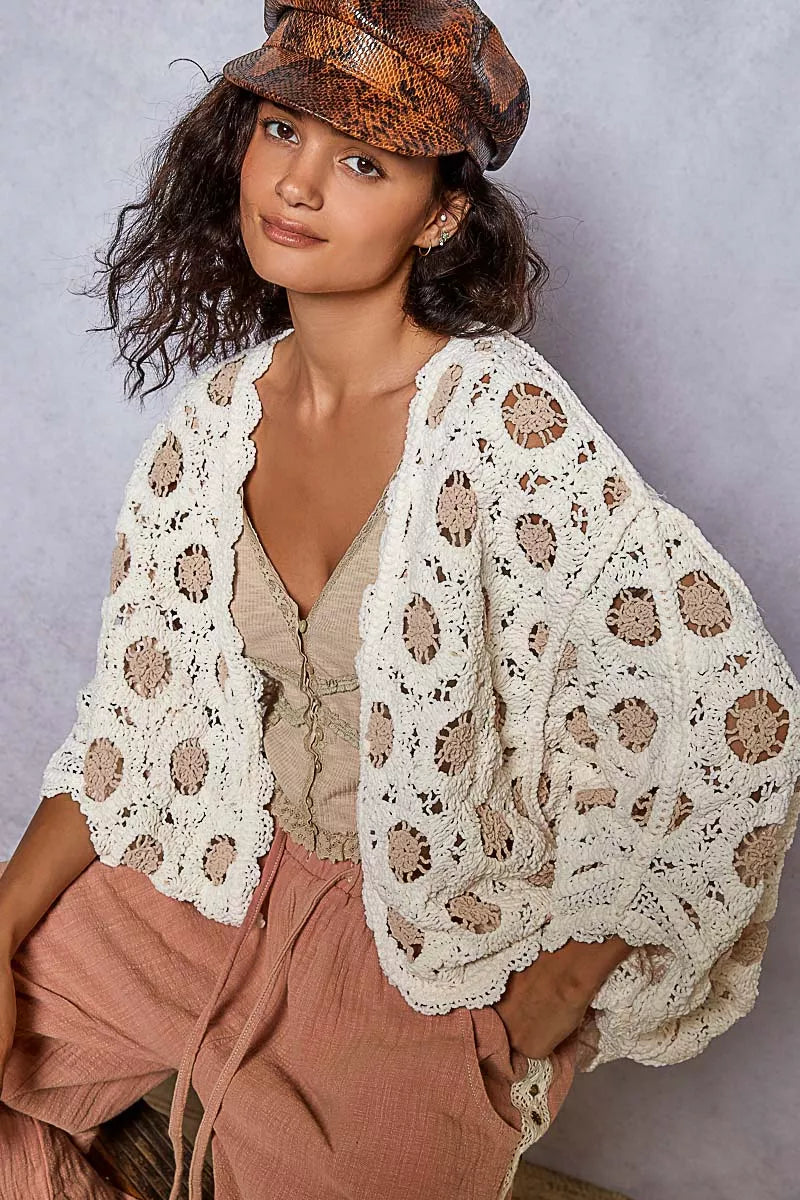 Pol Openwork V Neck Chenille Cardigan With Contrast Floral