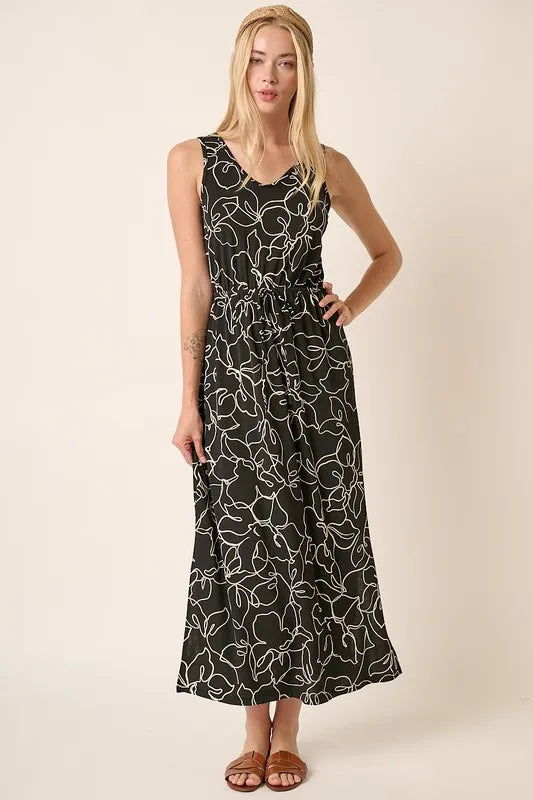 Black Mittoshop Side Slit Flower Print V Neck Sleeveless Dress