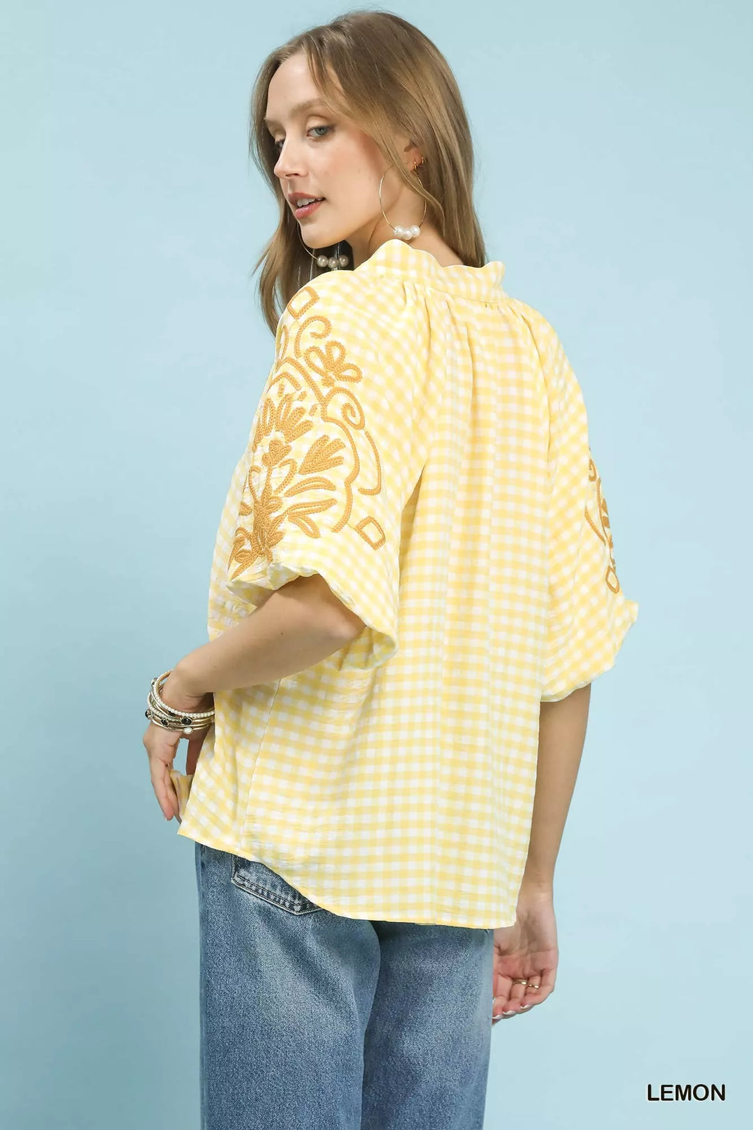 Lemon Umgee Gingham Embroidered Balloon Sleeve Top 1